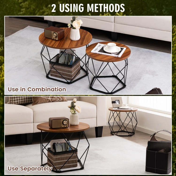 Set of 2 modern round coffee tables in rustic brown with pentagonal steel base, used together or separately for.